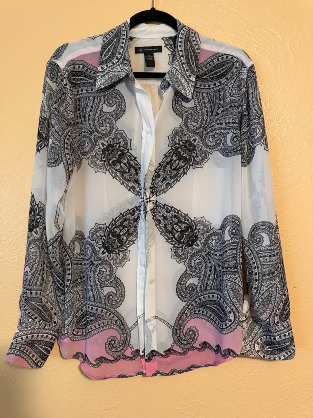 Sheer Paisley Button-Up Blouse - White & Pink